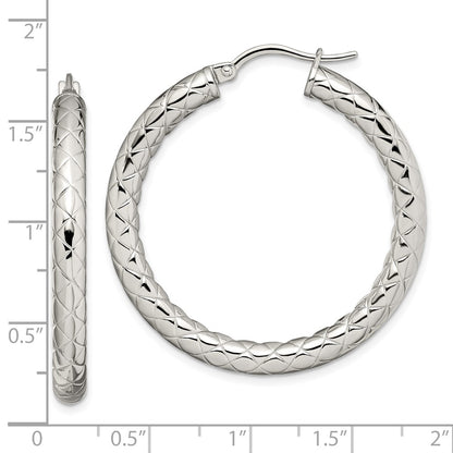 Stainless Steel Chisel Polished And Textured 30mm Diameter Hollow Hoop Earrings