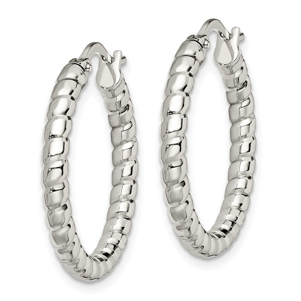 Stainless Steel Chisel Polished And Textured 20mm Diameter Hollow Hoop Earrings