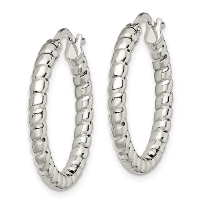 Stainless Steel Chisel Polished And Textured 20mm Diameter Hollow Hoop Earrings