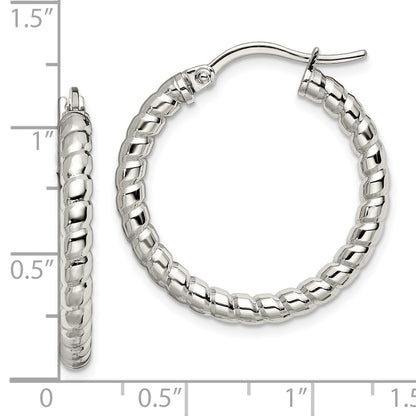 Stainless Steel Chisel Polished And Textured 20mm Diameter Hollow Hoop Earrings