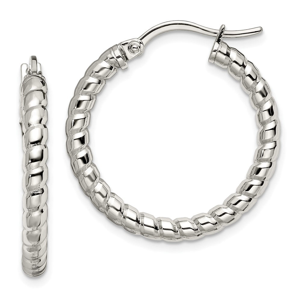 Stainless Steel Chisel Polished And Textured 20mm Diameter Hollow Hoop Earrings