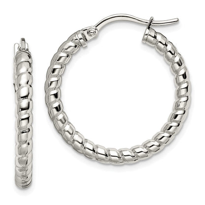 Stainless Steel Chisel Polished And Textured 20mm Diameter Hollow Hoop Earrings