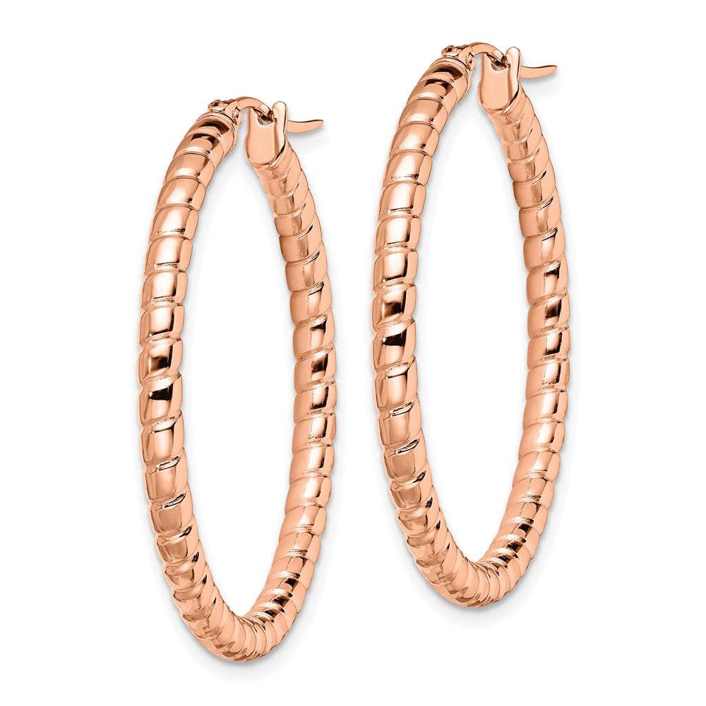 Stainless Steel Chisel Polished And Textured Rose Ip-Plated Hollow Hoop Earrings