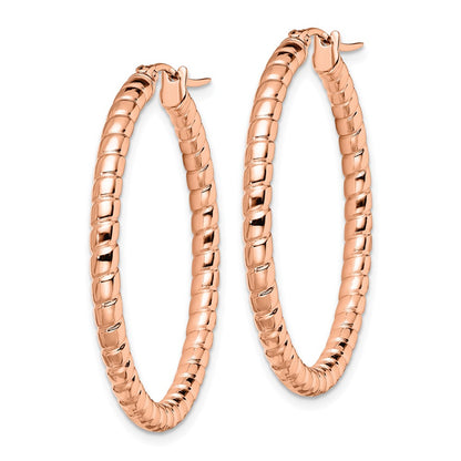 Stainless Steel Chisel Polished And Textured Rose Ip-Plated Hollow Hoop Earrings