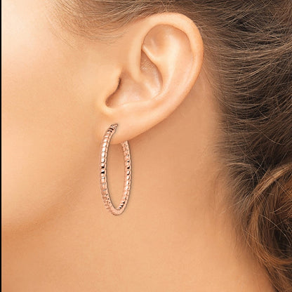 Stainless Steel Chisel Polished And Textured Rose Ip-Plated Hollow Hoop Earrings