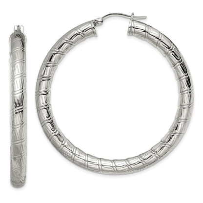 Stainless Steel Polished And Textured Hollow Hoop Earrings