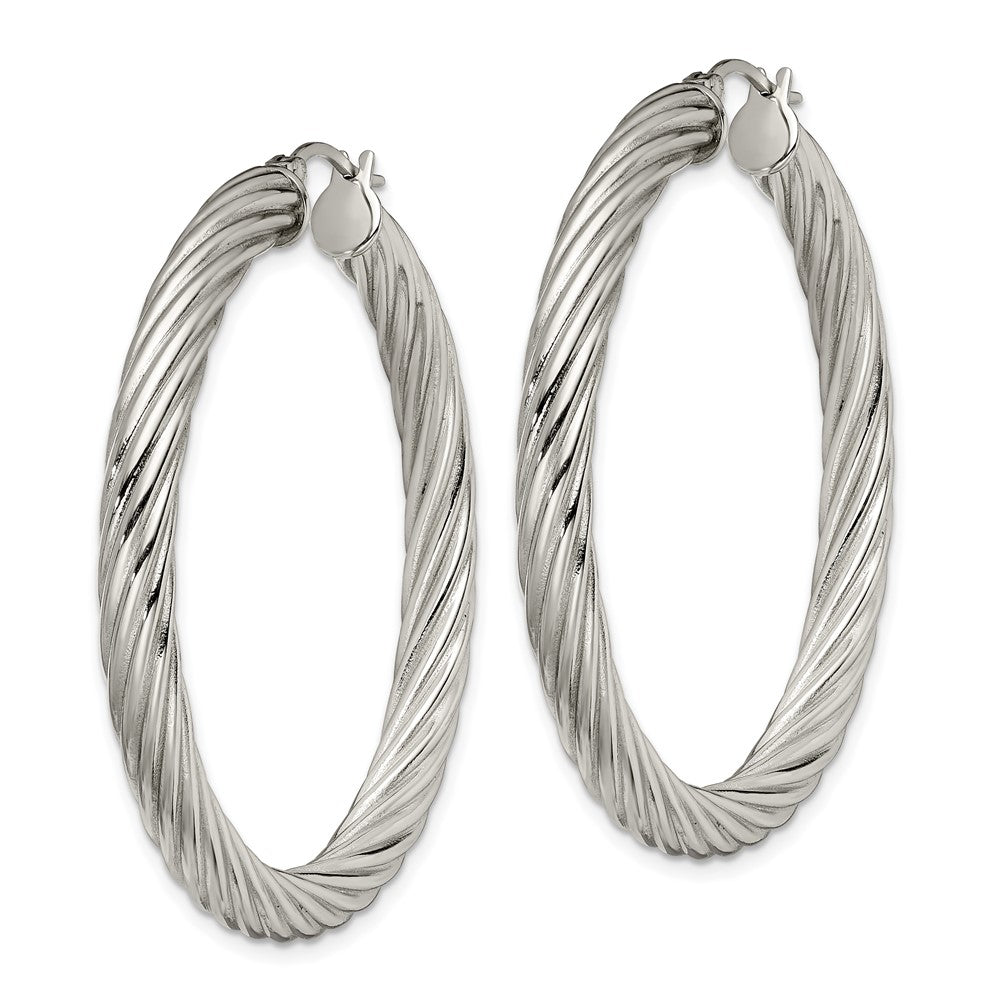 Stainless Steel Chisel Polished And Textured Hollow Hoop Earrings