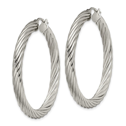 Stainless Steel Chisel Polished And Textured Hollow Hoop Earrings