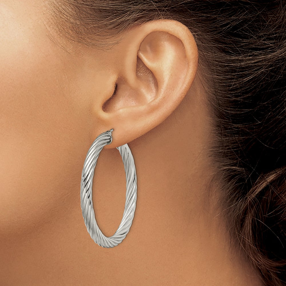 Stainless Steel Chisel Polished And Textured Hollow Hoop Earrings