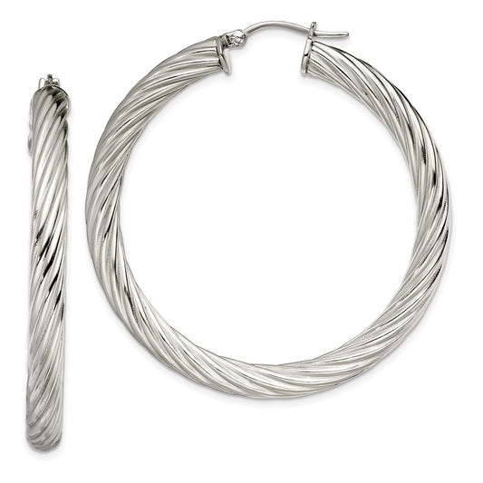 Stainless Steel Chisel Polished And Textured Hollow Hoop Earrings
