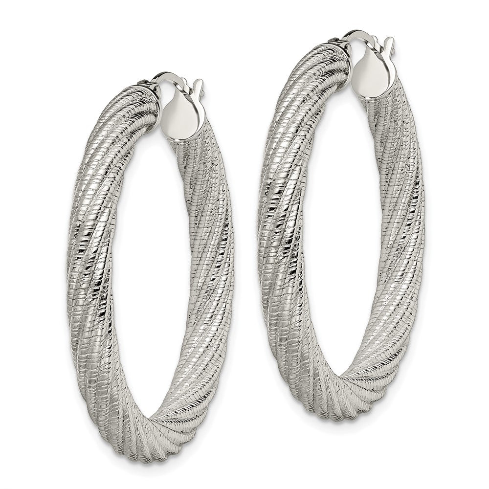 Stainless Steel Chisel Polished And Textured Hollow Hoop Earrings