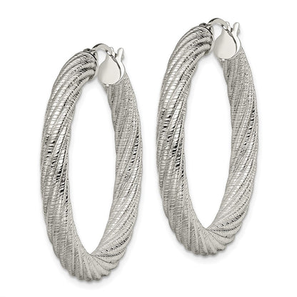 Stainless Steel Chisel Polished And Textured Hollow Hoop Earrings
