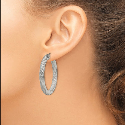 Stainless Steel Chisel Polished And Textured Hollow Hoop Earrings