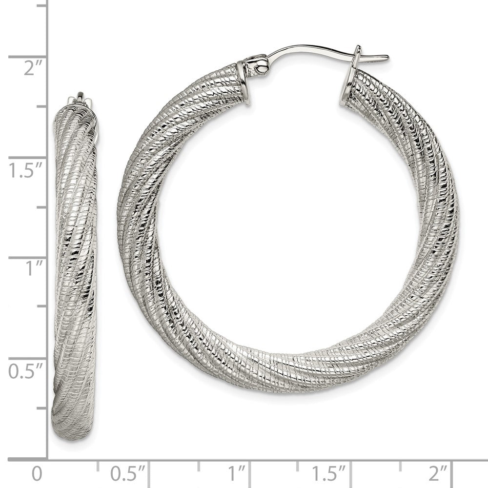 Stainless Steel Chisel Polished And Textured Hollow Hoop Earrings