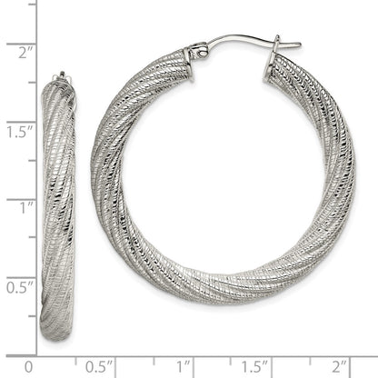 Stainless Steel Chisel Polished And Textured Hollow Hoop Earrings