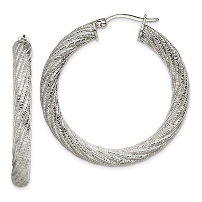 Stainless Steel Chisel Polished And Textured Hollow Hoop Earrings