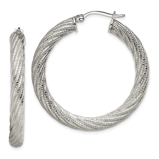 Stainless Steel Chisel Polished And Textured Hollow Hoop Earrings