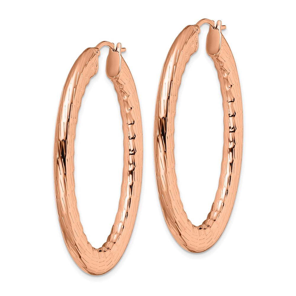 Stainless Steel Chisel Polished And Textured Rose Ip-Plated Hollow Oval Hoop Earrings