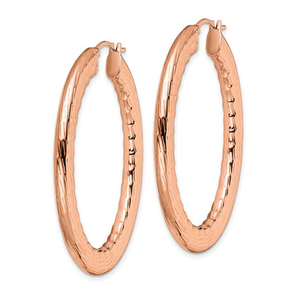 Stainless Steel Chisel Polished And Textured Rose Ip-Plated Hollow Oval Hoop Earrings