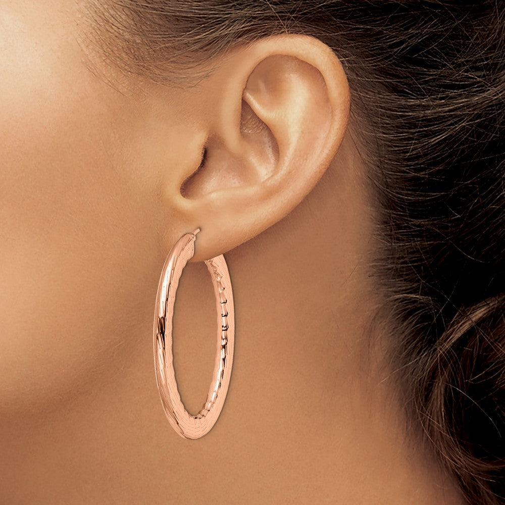 Stainless Steel Chisel Polished And Textured Rose Ip-Plated Hollow Oval Hoop Earrings