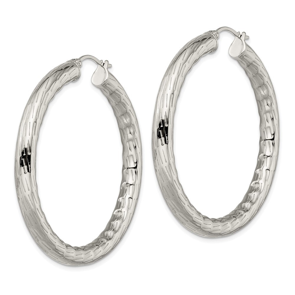 Stainless Steel Chisel Polished And Textured Hollow Hoop Earrings
