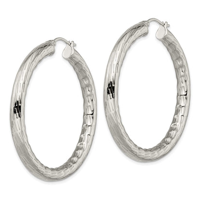 Stainless Steel Chisel Polished And Textured Hollow Hoop Earrings