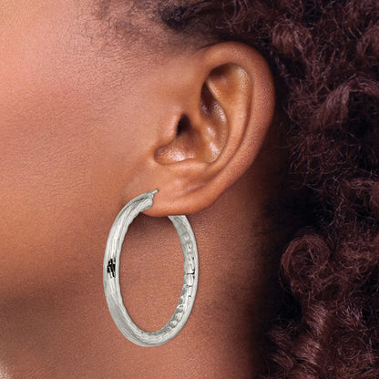 Stainless Steel Chisel Polished And Textured Hollow Hoop Earrings