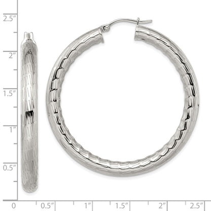 Stainless Steel Chisel Polished And Textured Hollow Hoop Earrings