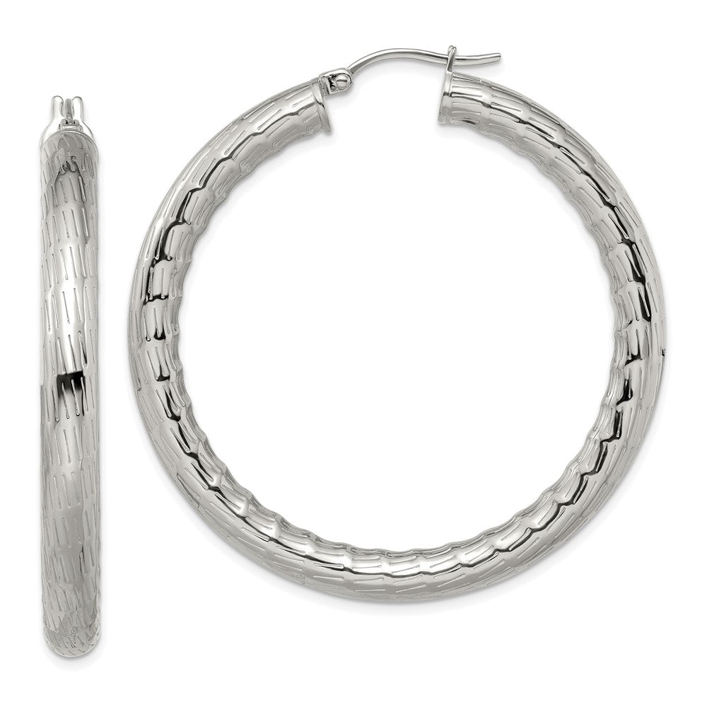 Stainless Steel Chisel Polished And Textured Hollow Hoop Earrings