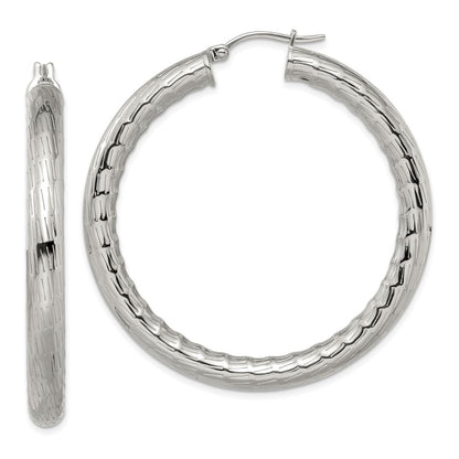 Stainless Steel Chisel Polished And Textured Hollow Hoop Earrings