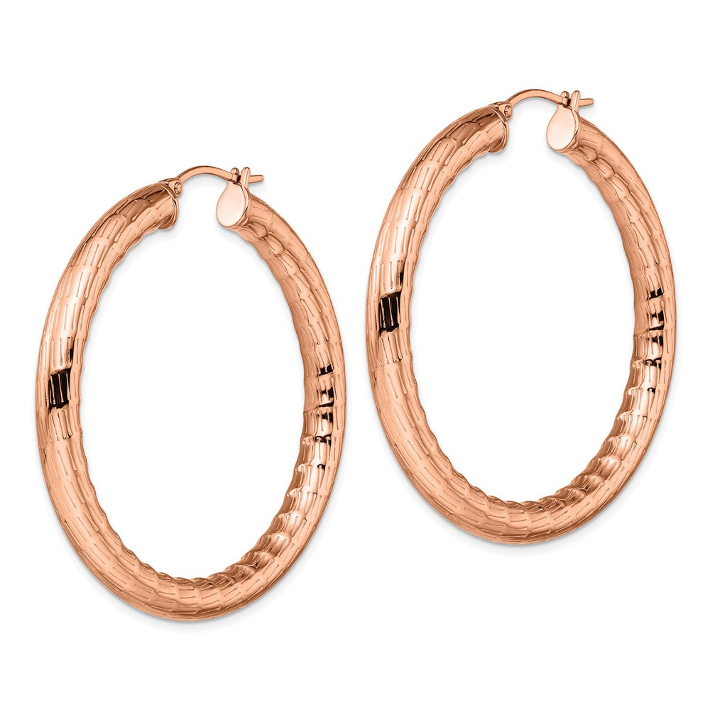 Stainless Steel Chisel Polished And Textured Rose Ip-Plated Hoop Earrings