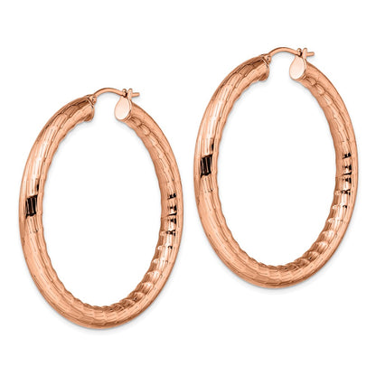 Stainless Steel Chisel Polished And Textured Rose Ip-Plated Hoop Earrings