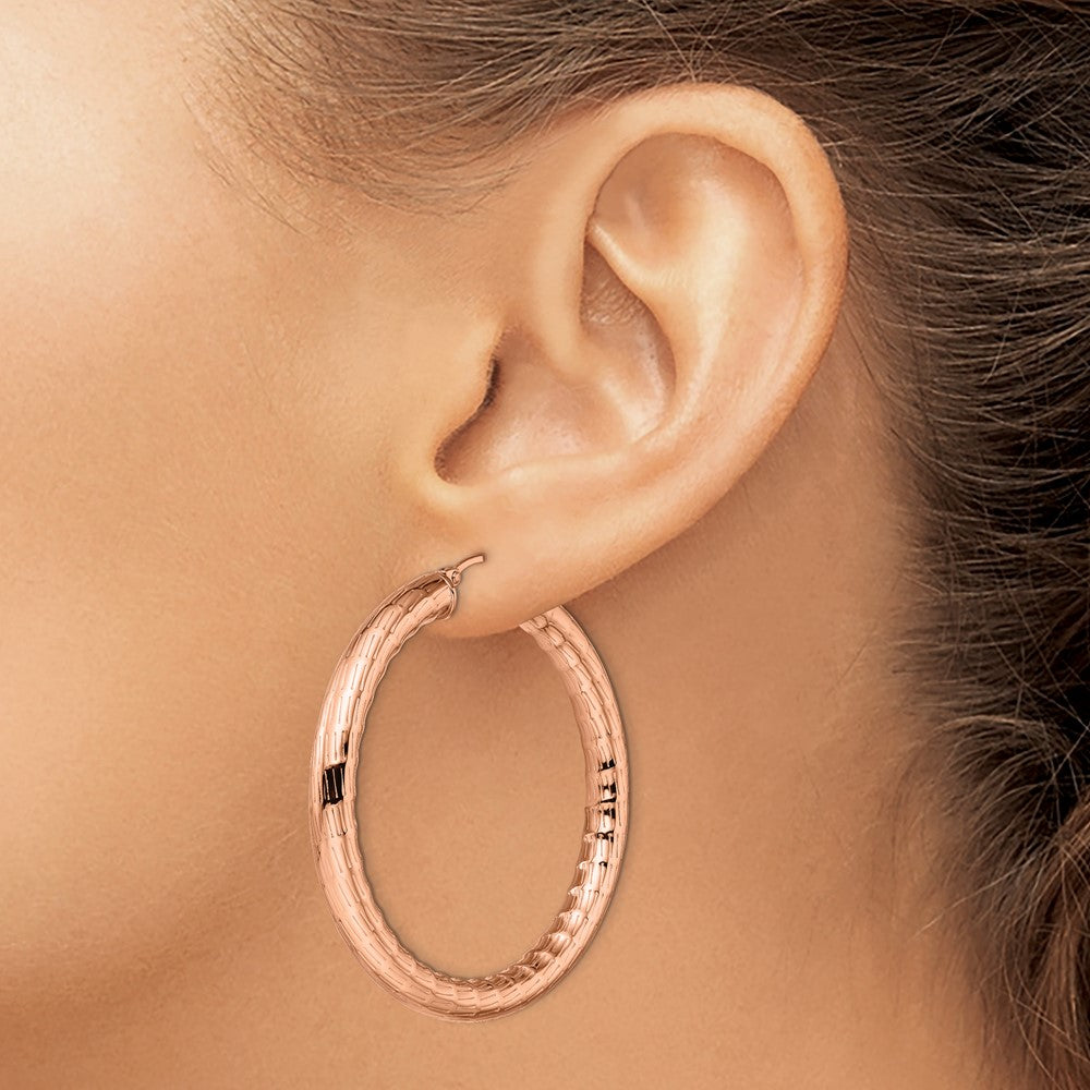 Stainless Steel Chisel Polished And Textured Rose Ip-Plated Hoop Earrings