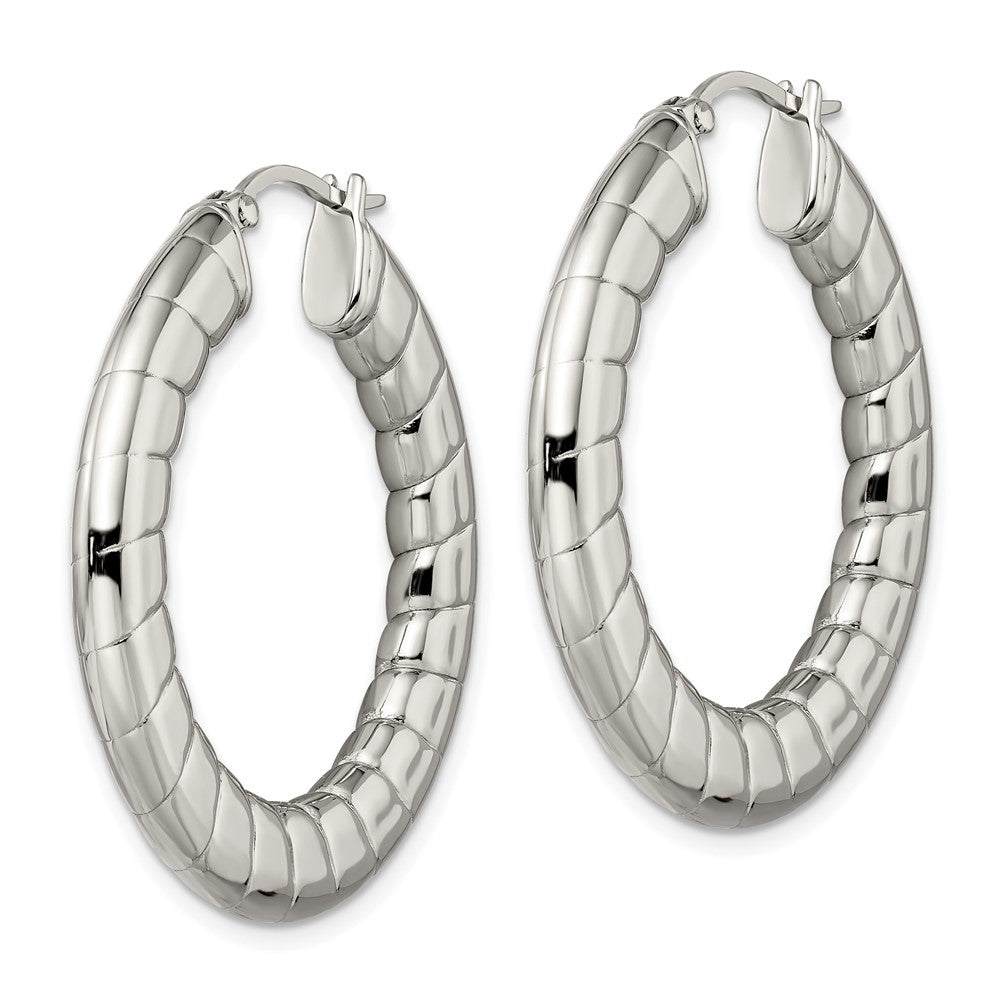 Stainless Steel Polished And Textured Hollow Hoop Earrings