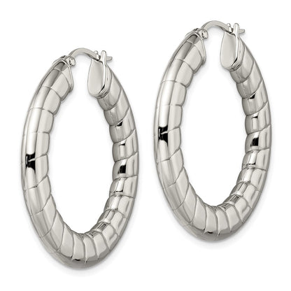 Stainless Steel Polished And Textured Hollow Hoop Earrings