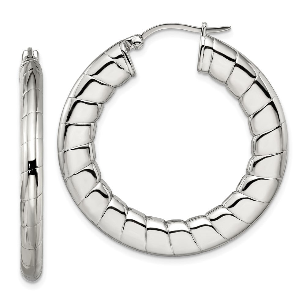 Stainless Steel Polished And Textured Hollow Hoop Earrings