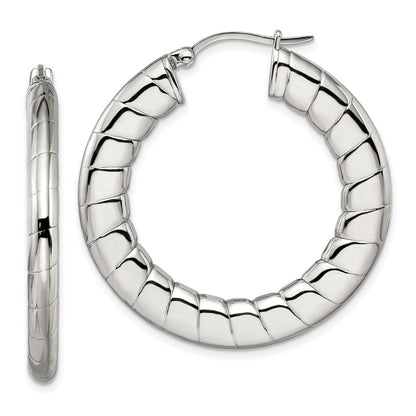 Stainless Steel Polished And Textured Hollow Hoop Earrings