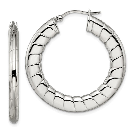 Stainless Steel Polished And Textured Hollow Hoop Earrings