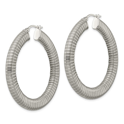 Stainless Steel Polished And Textured Hollow Hoop Earrings