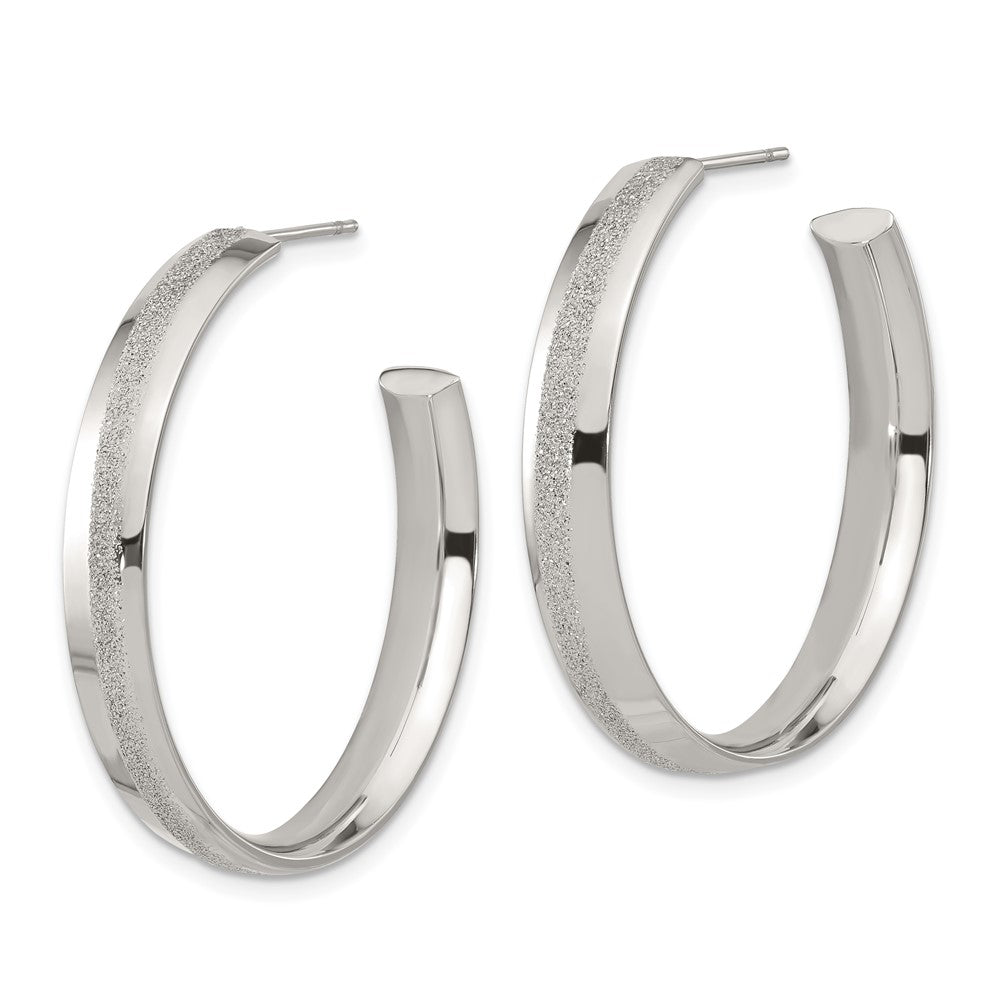 Stainless Steel Polished Laser Cut Glitter Post Round Hoop Earrings