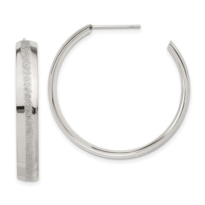 Stainless Steel Polished Laser Cut Glitter Post Round Hoop Earrings