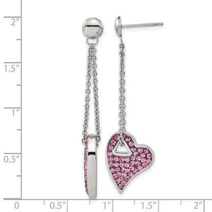 Stainless Steel Pink Crystal Post Dangle Heart Earrings