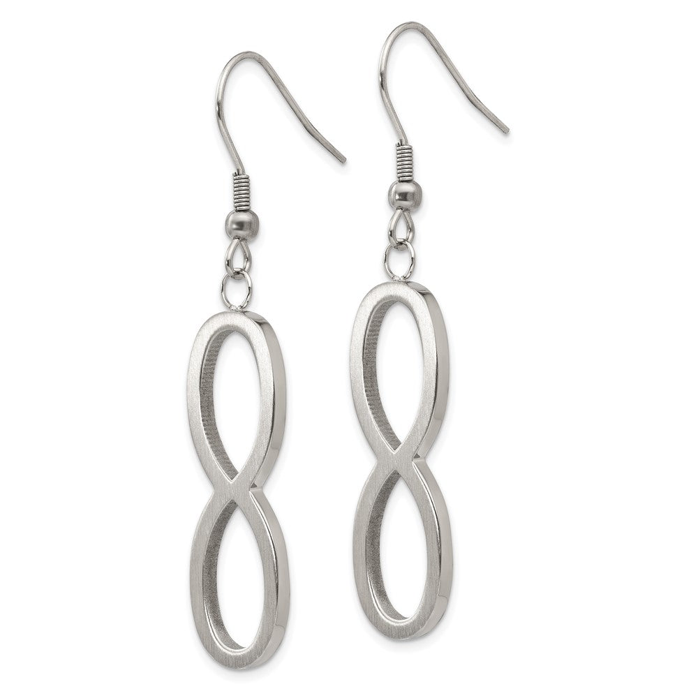 Stainless Steel Chisel Brushed And Polished Infinity Dangle Shepherd Hook Earrings