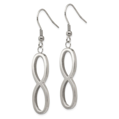 Stainless Steel Chisel Brushed And Polished Infinity Dangle Shepherd Hook Earrings