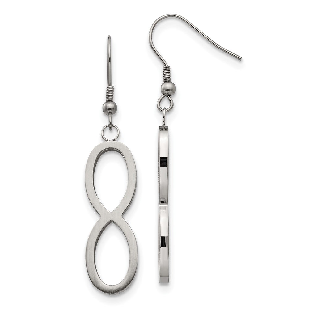 Stainless Steel Chisel Brushed And Polished Infinity Dangle Shepherd Hook Earrings
