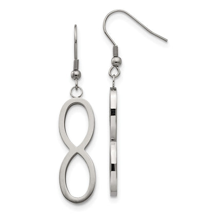 Stainless Steel Chisel Brushed And Polished Infinity Dangle Shepherd Hook Earrings