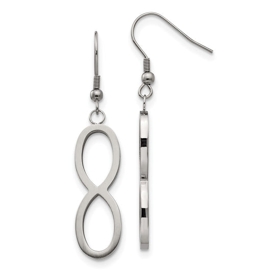 Stainless Steel Chisel Brushed And Polished Infinity Dangle Shepherd Hook Earrings