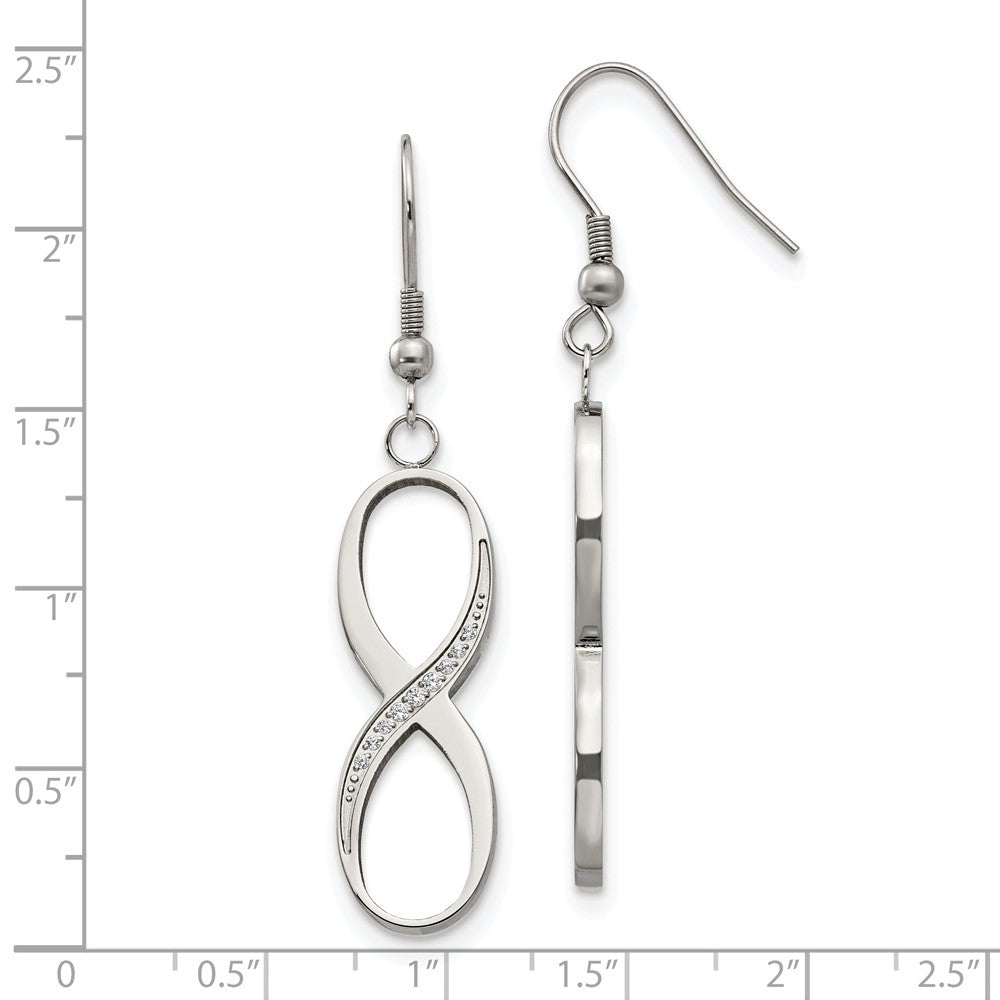 Stainless Steel Chisel Polished With Cz Infinity Dangle Shepherd Hook Earrings