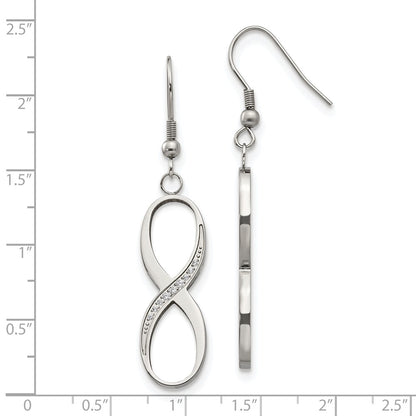 Stainless Steel Chisel Polished With Cz Infinity Dangle Shepherd Hook Earrings