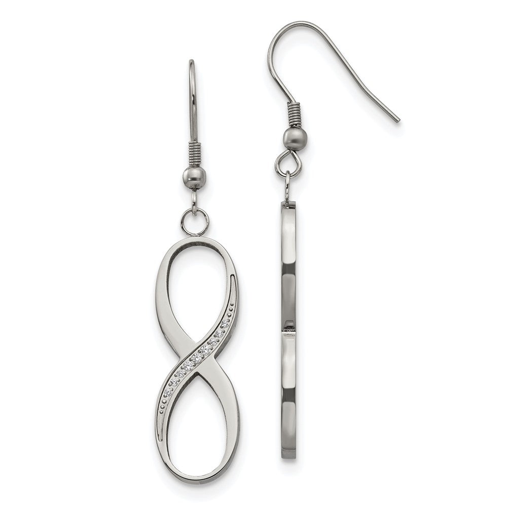 Stainless Steel Chisel Polished With Cz Infinity Dangle Shepherd Hook Earrings